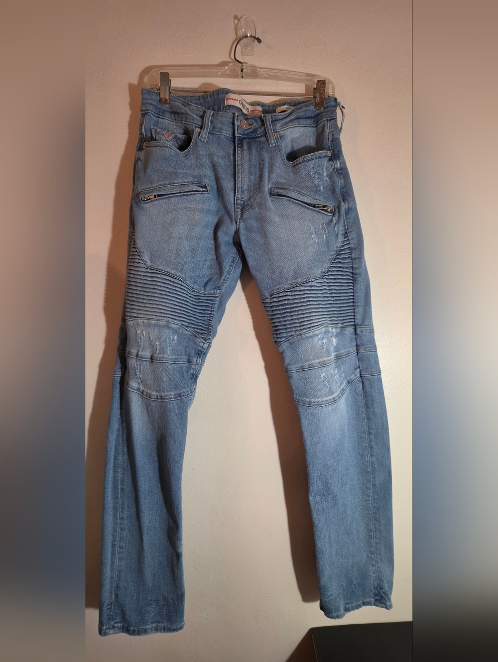 Guess Light Blue Slim Biker Jeans with Ribbed Knees